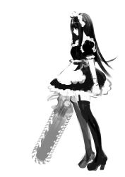 Rule 34 | 1girl, chainsaw, full body, greyscale, high heels, long hair, maid, monochrome, original, profile, pump (pumpqmuq), shoes, simple background, solo, standing, thighhighs, white background