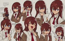 Rule 34 | ^ ^, absurdres, blush stickers, closed eyes, closed mouth, computer, highres, holding, holding paper, keyboard (computer), lab coat, makise kurisu, monitor, multiple views, nzeneee, open mouth, paper, purple eyes, reading, red hair, sitting, steins;gate, variations