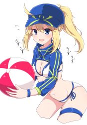 Rule 34 | 1girl, :d, arched back, artoria pendragon (fate), ball, baseball cap, beachball, bikini, blonde hair, blue eyes, blue hat, blush, breasts, chawan (yultutari), cleavage, commentary request, cropped legs, fate/grand order, fate (series), flying sweatdrops, hair between eyes, hair through headwear, hat, high ponytail, highres, holding, holding ball, leaning forward, long hair, medium breasts, mysterious heroine x (fate), mysterious heroine xx (fate), open mouth, ponytail, side-tie bikini bottom, sidelocks, simple background, skindentation, smile, solo, swimsuit, thigh strap, white background, white bikini