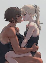 Rule 34 | 2girls, black ribbon, blonde hair, blue eyes, breasts, brown eyes, brown hair, dark-skinned female, dark skin, eye contact, french kiss, grey background, hair ribbon, highres, kei (m k), kiss, large breasts, long hair, looking at another, m k, multiple girls, one-piece swimsuit, original, ponytail, ribbon, rika (m k), saliva, short hair, simple background, small breasts, sweat, swimsuit, tongue, tongue out, yuri
