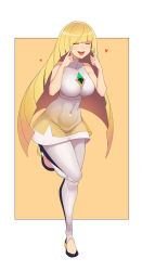 Rule 34 | 1girl, :d, alternate breast size, bare arms, blonde hair, breasts, closed eyes, commentary request, covered navel, creatures (company), diamond (shape), dress, full body, game freak, gem, green gemstone, hands up, heart, highres, hwa na jung, index fingers raised, korean commentary, leg up, leggings, long hair, lusamine (pokemon), mature female, nintendo, open mouth, pokemon, pokemon sm, short dress, sleeveless, sleeveless dress, smile, solo, standing, standing on one leg, teeth, tongue, very long hair, |d