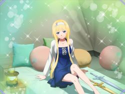 Rule 34 | 1girl, alice zuberg, bare legs, bed, bedroom, blonde hair, blue dress, blue eyes, blue rose sword, blush, breasts, closed mouth, collarbone, dress, female focus, game cg, hair intakes, hairband, halterneck, lens flare, long hair, long sleeves, looking at viewer, medium breasts, off shoulder, open clothes, open shirt, osmanthus blade, pillow, ponytail, shirt, short dress, sidelocks, sitting, sleeveless, sleeveless dress, smile, solo, sparkle, sword art online, sword art online: alicization, sword art online: alicization rising steel, sword art online: unleashed blading, very long hair, white hairband, white shirt