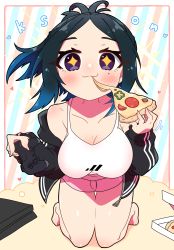 Rule 34 | + +, 1girl, :3, black hair, black jacket, blue eyes, blue hair, breasts, character name, cleavage, controller, eating, folded ponytail, food, full body, game console, game controller, gradient hair, highres, jacket, kneeling, kson, kson (person), large breasts, multicolored hair, pink shorts, pizza, pizza box, playstation 4, playstation controller, real life, sakuramochi (sakura frappe), short shorts, shorts, smile, solo, striped, striped background, tank top, virtual youtuber, vshojo