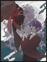 Rule 34 | 1boy, 1girl, anniversary, bow, brown hakama, brown kimono, commentary request, covered eyes, dated, eye print, facing another, floating hair, green eyes, hakama, hand up, high collar, holding, holding plant, horns, japanese clothes, kimono, kuzuda rou, kuzuda yone, light purple hair, long bangs, long hair, long sleeves, looking at another, midair, namoku (namottttt), one-eyed, oni horns, open mouth, plant, plant request, pointy ears, purple hair, red bow, sharp teeth, shirt, short hair, single horn, smile, striped clothes, striped kimono, taishou, teeth, twitter username, utau, very long hair, waist bow, wavy hair, white shirt, wide sleeves