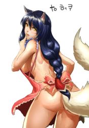 Rule 34 | 1girl, ahri (league of legends), animal ears, apron, ass, back, black hair, blush, braid, breasts, fox tail, hip focus, large breasts, league of legends, long hair, looking back, naked apron, sideboob, solo, tail, yellow eyes