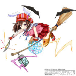 Rule 34 | 1girl, animal ears, ascot, bat wings, broom, broom riding, brown hair, rabbit ears, copyright name, detached wings, full body, hat, highres, kousoku kidou avatar drive, lantern, magic circle, mary janes, okutomi fumi, red eyes, shoes, skirt, solo, thighhighs, tongue, watermark, white background, wings