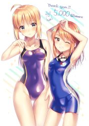 Rule 34 | 2girls, absurdres, ahoge, arm over head, artist name, artoria pendragon (all), artoria pendragon (fate), bad id, bad pixiv id, bare arms, bare shoulders, bike shorts, blonde hair, blue one-piece swimsuit, blush, breasts, brown eyes, cleavage, commentary request, competition swimsuit, covered navel, cowboy shot, english text, fate (series), gluteal fold, green eyes, grin, hair bun, highleg, highleg swimsuit, highres, ichiren namiro, idolmaster, idolmaster cinderella girls, long hair, looking at viewer, medium breasts, milestone celebration, multiple girls, official alternate costume, one-piece swimsuit, one eye closed, open mouth, orange hair, purple one-piece swimsuit, saber (fate), saber (summer battle clothes) (fate), short hair, sidelocks, signature, single hair bun, small breasts, smile, swimsuit, thank you, yuuki haru