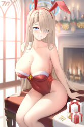 Rule 34 | 1girl, absurdres, alternate costume, animal ears, asuna (blue archive), bell, blue archive, blue eyes, breasts, christmas, christmas ornaments, cleavage, collarbone, commentary, covered navel, fake animal ears, feet out of frame, fireplace, fur-trimmed leotard, fur trim, gift, hair over one eye, halo, highleg, highleg leotard, highres, indoors, jingle bell, large breasts, leotard, light brown hair, long hair, looking at viewer, mole, mole on breast, open mouth, playboy bunny, rabbit ears, red leotard, sitting, smile, solo, strapless, strapless leotard, tina (tinafya)