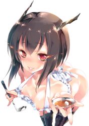 Rule 34 | 10s, 1girl, apron, blush, breasts, brown eyes, brown hair, eye trail, foreshortening, glowing, glowing eyes, headgear, kamizuki shiki, kantai collection, ladle, light persona, light trail, naked apron, nipples, parted lips, sampler, saucer, short hair, simple background, small breasts, smile, solo, taihou (kancolle), white background