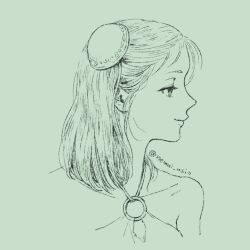 Rule 34 | 1girl, bare shoulders, bun cover, character request, closed mouth, collarbone, green theme, hai to no monogatari, hair bun, halterneck, looking to the side, medium hair, nemui usio, o-ring, portrait, profile, simple background, single side bun, sketch, smile, solo, twitter username