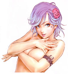 Rule 34 | 1girl, absurdres, armband, breast hold, breasts, covering privates, covering breasts, female focus, flower, green eyes, hair flower, hair ornament, highres, lips, purple hair, simple background, solo, star (symbol), topless frame, upper body, white background, yamashita shun&#039;ya
