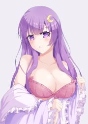 Rule 34 | 1girl, :o, absurdres, bare shoulders, blunt bangs, blush, bra, breasts, collarbone, commentary request, crescent, crescent hair ornament, donnon08, frilled bra, frills, grey background, hair ornament, highres, large breasts, long hair, looking at viewer, no headwear, patchouli knowledge, pink bra, purple eyes, purple hair, robe, simple background, solo, touhou, underwear, undressing, upper body, very long hair