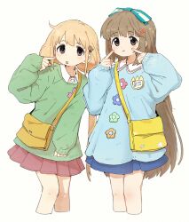 2girls :o :t aqua_shirt bag bare_legs blonde_hair blue_skirt blush brown_hair cropped_legs finger_to_cheek fingers_to_cheeks futaba_anzu green_shirt highres idolmaster idolmaster_cinderella_girls kindergarten_bag kindergarten_uniform long_hair long_sleeves looking_ahead multiple_girls name_tag nendo23 pleated_skirt red_skirt shirt simple_background skirt smock straight_hair twintails very_long_hair white_background yorita_yoshino