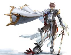 Rule 34 | 1boy, armor, brown hair, cape, claws, commentary request, crown, closed eyes, floating cape, full body, helmet, holding, holding sword, holding weapon, male focus, protagonist 4 (housamo), oyatsu (hana), pants, pelvic curtain, shadow, short hair, solo, sword, thighs, tight clothes, tight pants, tokyo houkago summoners, weapon, white background