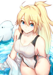 Rule 34 | 1girl, 1other, absurdres, blonde hair, blue eyes, dolphin, fate/grand order, fate (series), highleg, highleg swimsuit, highres, huge filesize, jacket, jeanne d&#039;arc (fate), jeanne d&#039;arc (ruler) (fate), jeanne d&#039;arc (swimsuit archer) (fate), jeanne d&#039;arc (swimsuit archer) (second ascension) (fate), long hair, looking at viewer, nakanishi tatsuya, one-piece swimsuit, open clothes, open jacket, ponytail, sitting, smile, swimsuit, twintails, water, whistle, whistle around neck, white jacket, white one-piece swimsuit