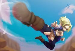Rule 34 | 1girl, android 18, artist name, belt, black shirt, blonde hair, blue eyes, blue jacket, blue leggings, blue skirt, blue sky, blurry, blurry background, bob cut, boots, breasts, brown footwear, buttons, clenched hand, clitoris, closed mouth, cloud, day, depth of field, dragon ball, dragonball z, female focus, forehead, foreshortening, full body, hair intakes, hexanne, highres, jacket, jumping, kicking, leg up, leggings, long sleeves, looking at viewer, medium breasts, midair, miniskirt, motion blur, navel, nipples, no bra, no panties, open clothes, open jacket, outdoors, pencil skirt, pussy, raglan sleeves, shirt, short hair, sidelocks, signature, skindentation, skirt, sky, solo, spread legs, torn clothes, torn jacket, torn legwear, torn shirt, uncensored, v-shaped eyebrows, white sleeves