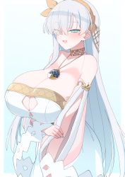 Rule 34 | 1girl, absurdres, akitokage, alternate breast size, anastasia (fate), bare shoulders, blue eyes, blush, breasts, cleavage, dress, earrings, fate/grand order, fate (series), hair over one eye, hairband, highres, huge breasts, jewelry, long hair, looking at viewer, neck ring, necklace, open mouth, pendant, silver hair, smile, solo, very long hair, white dress