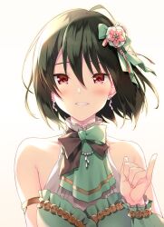 Rule 34 | 1girl, arm strap, armlet, armpit crease, backlighting, bare shoulders, blush, bob cut, breasts, collarbone, dot nose, dress, earrings, flower, green dress, green hair, hair flower, hair ornament, idolmaster, idolmaster million live!, idolmaster million live! theater days, jewelry, looking at viewer, medium breasts, nagayoshi subaru, parted lips, pinky swear, red eyes, scrunchie, short hair, simple background, smile, solo, suggeee486, two-tone bowtie