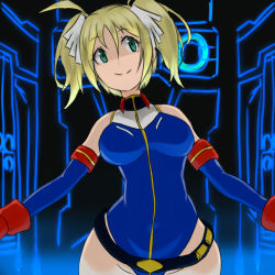 Rule 34 | 1girl, bad id, bad pixiv id, bare shoulders, belt, belt skirt, blonde hair, blue leotard, breasts, closed mouth, commentary request, earth federation, elbow gloves, fingerless gloves, gloves, green eyes, groin, gundam, gundam card builder, highleg, highleg leotard, highres, leotard, medium breasts, medium hair, red gloves, rei (rei rr), reiko holinger, short twintails, skin tight, smile, solo, twintails, wide hips, zipper