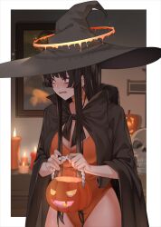 Rule 34 | 1girl, bags under eyes, black hair, blue archive, blush, breasts, candle, cape, drawing (object), halloween, halo, hat, highres, jack-o&#039;-lantern, large breasts, leotard, long hair, melting halo, nonh (wormoftank), nontraditional playboy bunny, open mouth, red eyes, skull, solo, strapless, strapless leotard, tsurugi (blue archive), witch, witch hat