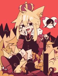 Rule 34 | 1girl, animal, black eyes, black hair, black nails, black socks, black vest, blonde hair, blood, blood on face, blood on hands, blood on leg, boots, braid, breadspie, bright pupils, buttons, chibi, chibi inset, crossed legs, crown, dead animal, eyeball, fang, funamusea, fur trim, gold necklace, hair between eyes, hair ornament, hair over one eye, hand on own cheek, hand on own face, heart, highres, holding, holding knife, jewelry, knife, kurai yonaka, long hair, mob face, moge-ko, mogeko (funamusea), mogeko castle, necklace, open mouth, pool of blood, red background, red headwear, red shirt, red theme, ring, shirt, sidelocks, sitting, socks, solo, speech bubble, spoken character, star (symbol), star hair ornament, twin braids, vest, white pupils