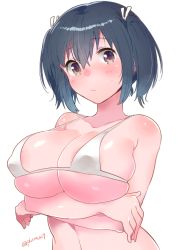 Rule 34 | 10s, 1girl, areola slip, bikini, black hair, blush, breast hold, breasts, brown eyes, covered erect nipples, female focus, gigantic breasts, hair ribbon, ichihaya, kantai collection, looking at viewer, ribbon, short hair, simple background, solo, souryuu (kancolle), swimsuit, twintails, upper body