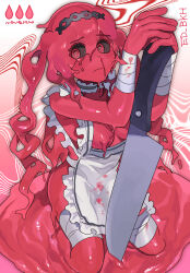Rule 34 | 1girl, apron, bandage on thigh, bandaged wrist, bandages, black sclera, blood drop, breasts, colored sclera, dripping, highres, holding, holding knife, kneeling, knife, long hair, looking at viewer, monster girl, original, sakoku (oyatsu3ji ), slime girl, small breasts, twintails, very long hair, wavy mouth