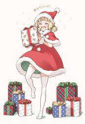 Rule 34 | 1girl, :d, ^ ^, blonde hair, box, capelet, christmas, closed eyes, commentary, dress, full body, fur-trimmed capelet, fur-trimmed dress, fur-trimmed headwear, fur trim, gift, gift box, hat, highres, holding, holding gift, new game!, no shoes, official art, open mouth, pom pom (clothes), red capelet, red dress, red hat, sakura nene, santa costume, santa hat, short hair, short twintails, smile, solo, sparkle, standing, standing on one leg, star (symbol), star print, thighhighs, tokunou shoutarou, translated, twintails, white thighhighs
