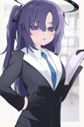 Rule 34 | 1girl, black gloves, blue archive, blue necktie, blush, breasts, collared shirt, commentary request, formal, gloves, half gloves, halo, highres, holding, long hair, long sleeves, looking at viewer, mechanical halo, medium breasts, necktie, open mouth, parted bangs, purple eyes, purple hair, shirt, sidelocks, solo, standing, suit, two side up, upper body, white shirt, yun (kbdenz9), yuuka (blue archive)