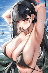 Rule 34 | 1girl, alternate costume, armpits, arms up, bare arms, bare shoulders, black hair, blue archive, blush, breasts, cleavage, collarbone, commentary, day, english commentary, hair tie, hair tie in mouth, halo, highres, huge breasts, long hair, looking at viewer, mouth hold, outdoors, piukute062, ponytail, red eyes, ringed eyes, rio (blue archive), sideboob, signature, solo, swimsuit, tying hair, upper body, water