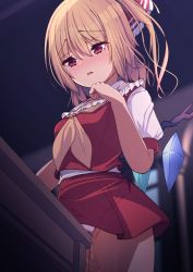 Rule 34 | 1girl, absurdres, blonde hair, blouse, blurry, blurry background, blush, breasts, crotch rub, crystal, darumoon, fang, female masturbation, flandre scarlet, frills, grey panties, hair between eyes, hair ribbon, hand up, highres, indoors, jewelry, looking down, masturbation, medium breasts, miniskirt, multicolored wings, necktie, no headwear, one side up, open mouth, panties, puffy short sleeves, puffy sleeves, pussy juice, red eyes, red ribbon, red skirt, red vest, ribbon, sailor collar, shirt, short hair, short sleeves, skirt, solo, standing, table, table humping, tongue, touhou, underwear, vest, wall, white shirt, window, wings, yellow necktie
