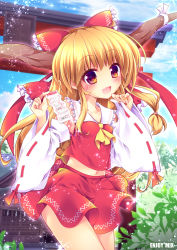 Rule 34 | 1girl, ascot, blonde hair, blue sky, bow, cloud, cosplay, day, detached collar, enjoy mix, fang, hair bow, hakurei reimu, hakurei reimu (cosplay), hakurei shrine, horn ornament, horn ribbon, horns, ibuki suika, long hair, long sleeves, looking at viewer, midriff, navel, open mouth, red eyes, ribbon, ribbon-trimmed sleeves, ribbon trim, rope, shimenawa, shirt, skirt, skirt set, sky, smile, solo, sparkle, spell card, torii, touhou, very long hair, wide sleeves