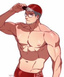 Rule 34 | 1boy, bara, baseball cap, beard, black eyes, closed mouth, dding, facial hair, glasses, hat, highres, looking at viewer, male focus, mature male, muscular, muscular male, navel, nipples, original, pectorals, red shorts, short hair, shorts, solo, topless male, upper body, white background, white hair