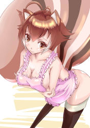 Rule 34 | 1girl, airi rei, animal ears, antenna hair, apron, ass, bad id, bad pixiv id, black thighhighs, blazblue, bottomless, breast hold, breasts, brown eyes, brown hair, cleavage, frilled apron, frills, highres, large breasts, leaning forward, makoto nanaya, multicolored hair, naked apron, short hair, sideboob, solo, squirrel ears, squirrel tail, tail, thighhighs, two-tone hair