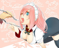Rule 34 | 1girl, all fours, aqua eyes, bent over, blood, blue eyes, borrowed character, breasts, cleavage, collar, covered erect nipples, feeding, food, fork, licking, maid, maid headdress, medium breasts, one eye closed, original, pink hair, saliva, sexually suggestive, solo focus, spoon, suko mugi, takagi (tansuke), thighhighs, tongue, tongue out, wink