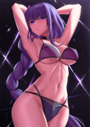 Rule 34 | 1girl, armpits, arms behind head, arms up, bare shoulders, bikini, braid, breasts, choker, cleavage, collarbone, commission, genshin impact, hair ornament, highres, kakeku, large breasts, long hair, looking at viewer, low-braided long hair, low-tied long hair, mole, mole under eye, navel, pixiv commission, purple bikini, purple eyes, purple hair, raiden shogun, solo, swimsuit, thighs