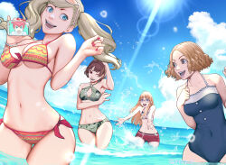 Rule 34 | 5girls, 5tatsu, ahoge, bare arms, bare shoulders, beach, bikini, blonde hair, blue eyes, blue one-piece swimsuit, blunt bangs, braid, breasts, brown eyes, brown hair, cleavage cutout, closed mouth, clothing cutout, covered navel, crown braid, earrings, eyewear on head, glasses, green bikini, grey eyes, halterneck, hand on own chest, highres, holding, holding phone, jewelry, lens flare, long hair, medium breasts, midriff, multiple girls, nail polish, navel, niijima makoto, ocean, okumura haru, one-piece swimsuit, one eye closed, open mouth, orange hair, outdoors, outstretched arms, parted bangs, partially submerged, persona, persona 5, persona 5 scramble: the phantom strikers, phone, print bikini, red hair, red nails, sakura futaba, short hair, short twintails, side-tie bikini bottom, sideboob, small breasts, smile, sophia (p5s), splashing, straight hair, sunlight, swept bangs, swimsuit, takamaki anne, thigh gap, twintails, underboob, w arms, wavy hair