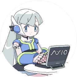 Rule 34 | 1girl, aiobahn, android, at computer, black dress, blue eyes, blue jacket, border, closed mouth, commentary request, commission, computer, cropped jacket, detached sleeves, dot mouth, dress, expressionless, grey hair, jacket, joints, laptop, lokulo no mawashimono, long hair, looking at viewer, lowres, robot ears, robot joints, round image, short dress, short sleeves, simple background, sitting, skeb commission, solo, typing, vaio, white background, white border