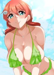 Rule 34 | 1girl, absurdres, alternate hairstyle, bare shoulders, bikini, blush, breasts, brown hair, cleavage, closed mouth, cloud, eine (ein-faust), emma verde, flower, green bikini, green eyes, hair flower, hair ornament, highres, huge breasts, jewelry, leaning forward, long hair, looking at viewer, love live!, love live! nijigasaki high school idol club, necklace, outdoors, sky, smile, solo, swimsuit