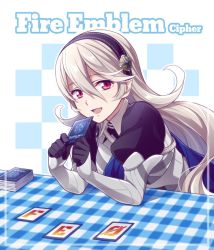 Rule 34 | 1girl, armor, bad id, bad twitter id, black hairband, cape, card, corrin (female) (fire emblem), corrin (fire emblem), fire emblem, fire emblem cipher, fire emblem fates, hairband, hiyori (rindou66), holding, holding card, long hair, nintendo, open mouth, pointy ears, red eyes, slit pupils, solo, table, white hair