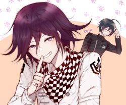 Rule 34 | 2boys, ahoge, artist name, black hair, black jacket, blush, brown background, brown eyes, c01a (cola), checkered clothes, checkered neckwear, checkered scarf, commentary, danganronpa (series), danganronpa v3: killing harmony, english commentary, flying sweatdrops, grin, hair between eyes, hand up, highres, index finger raised, jacket, long sleeves, looking at viewer, male focus, multiple boys, oma kokichi, open mouth, paw print, paw print background, purple eyes, saihara shuichi, scarf, short hair, smile, solo focus, straitjacket, striped clothes, striped jacket, upper body, white jacket