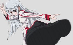 Rule 34 | 10s, 1girl, amder, bad id, bad pixiv id, blurry, boots, depth of field, eyepatch, infinite stratos, kicking, laura bodewig, long hair, perspective, red eyes, silver hair, solo, uniform