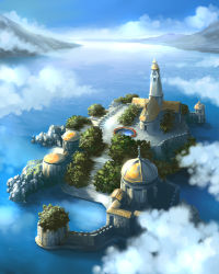 Rule 34 | 1990s (style), architecture, building, church, cloud, coz (commit), day, dock, from above, island, kurenai no buta, landscape, lighthouse, mountain, nature, no humans, ocean, outdoors, plant, pool, retro artstyle, scenery, stairs, studio ghibli, tree, water