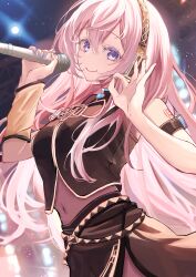 Rule 34 | 1girl, absurdres, arm tattoo, black shirt, black skirt, blue eyes, blue nails, closed mouth, colored eyelashes, detached sleeves, hair between eyes, headset, highres, holding, holding microphone, long hair, looking at viewer, megurine luka, microphone, navel, no renor en, number tattoo, ok sign, pink hair, shirt, side slit, single detached sleeve, skirt, smile, solo, tattoo, vocaloid