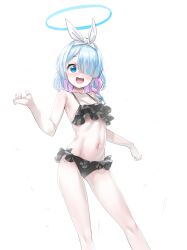 Rule 34 | 1girl, arona (blue archive), bikini, black bikini, blue archive, blue eyes, blue hair, blush, braid, breasts, collarbone, commentary, cowboy shot, frilled bikini, frills, hair over one eye, hair ribbon, halo, hand up, highres, legs, light blue hair, looking at viewer, multicolored hair, navel, open mouth, pink hair, ribbon, short hair, small breasts, smile, solo, stomach, swimsuit, teeth, thighs, tscplayer, two-tone hair, upper teeth only, white background