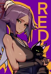 Rule 34 | 1girl, absurdres, animal, black cat, black kimono, bleach, breasts, cat, closed mouth, dark-skinned female, dark skin, fang, high ponytail, highres, holding, holding animal, holding cat, japanese clothes, kimono, large breasts, long hair, looking at viewer, looking to the side, purple background, redpostit, shihouin yoruichi, sideboob, simple background, skin fang, sleeveless, sleeveless kimono, solo, yellow eyes
