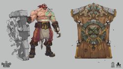 Rule 34 | 1boy, belt, boots, braum (league of legends), brown belt, brown hair, collarbone, copyright name, eyepatch, facial hair, full body, grey background, hicham habchi, highres, holding, holding shield, hook hand, horns, knee boots, league of legends, male focus, muscular, muscular male, mustache, pectorals, pirate, ponytail, poro (league of legends), ruined king: a league of legends story, shield, standing, tattoo, tentacles, tongue, tongue out, topless male