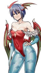 Rule 34 | 1girl, absurdres, animal print, bat print, bat wings, breasts, bridal gauntlets, capcom, clothing cutout, covered navel, cowboy shot, demon girl, feather trim, hand on own hip, hanny (uirusu chan), head wings, highres, leotard, lilith aensland, looking at viewer, pantyhose, purple hair, red eyes, short hair, simple background, small breasts, smile, smirk, solo, vampire (game), white background, wings