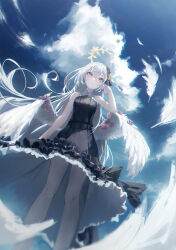 Rule 34 | 1girl, absurdres, angel wings, azusa (blue archive), black dress, blue archive, blush, breasts, closed mouth, dress, feathered wings, feet out of frame, from below, hair between eyes, halo, highres, long hair, matsogum, sky, sleeveless, sleeveless dress, small breasts, solo, white hair, white wings, wings, yellow halo