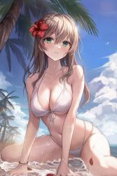Rule 34 | 1girl, absurdres, ahoge, armpit crease, bare arms, bare shoulders, beach, between legs, bikini, blue sky, blush, breasts, brown hair, cleavage, closed mouth, collarbone, commentary, day, flower, front-tie bikini top, front-tie top, green eyes, hair between eyes, hair flower, hair ornament, halterneck, hibiscus, highres, large breasts, long hair, looking at viewer, multi-strapped bikini, navel, original, outdoors, palm leaf, portrait, red flower, sitting, sky, solo, stomach, string bikini, sunlight, swimsuit, thighs, wariza, water, wet, white bikini, wristband, yuna (deadawon)